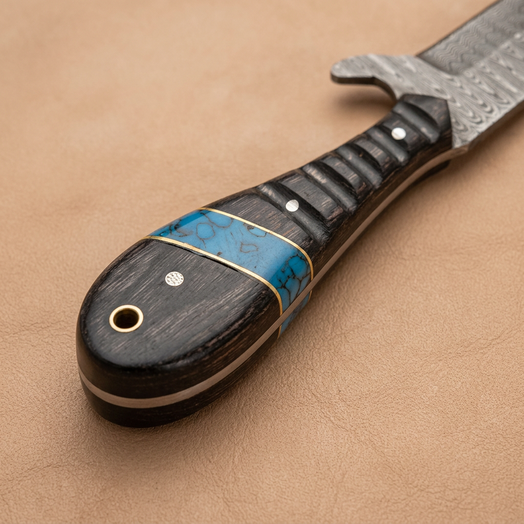 Close-up of dark grooved Pakka Wood handle, blue patterned spacer and gold-tone borders