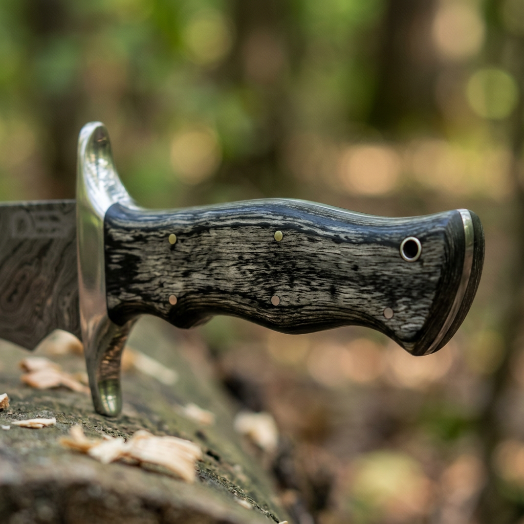 Close-up of dark wood handle and polished double guard