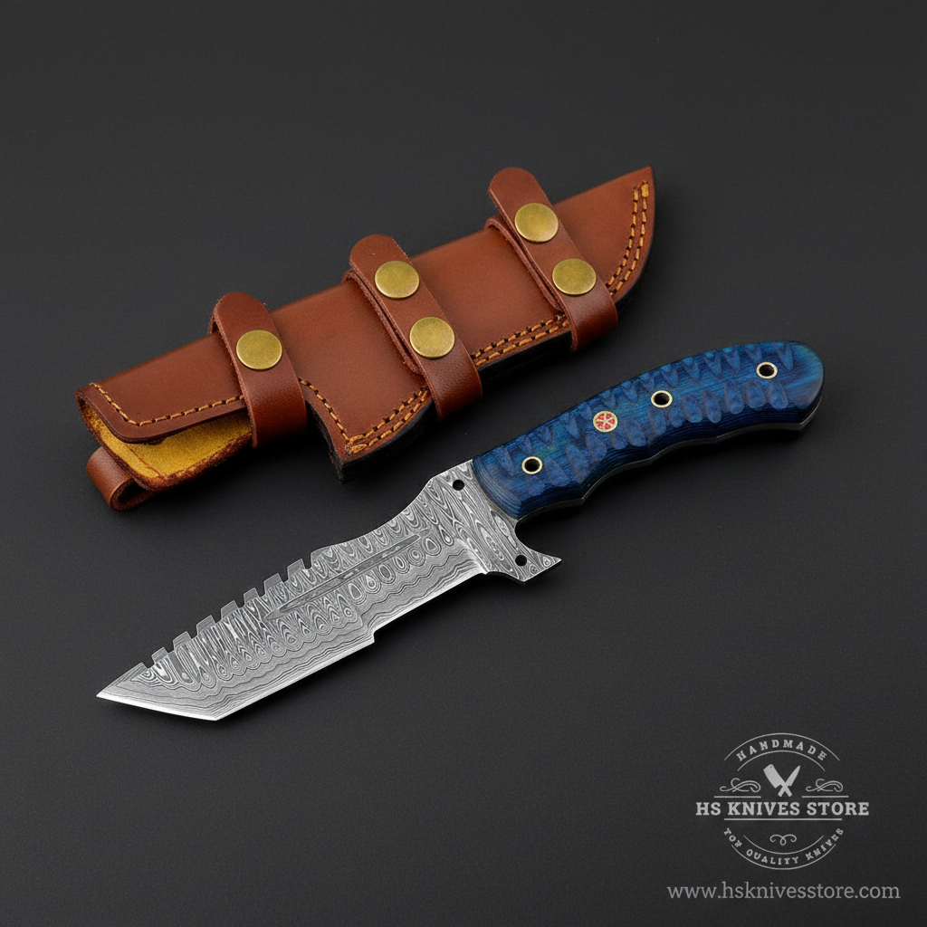 Damascus tracker knife with blue pakkawood handle and tan 3-strap leather sheath on dark charcoal studio background facing right