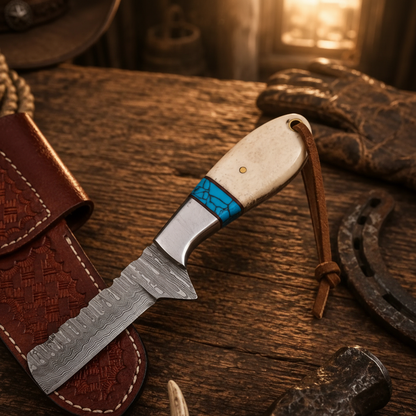 Macro detail of the natural bone handle and turquoise inlay on a full-tang Damascus Bull Cutter Knife