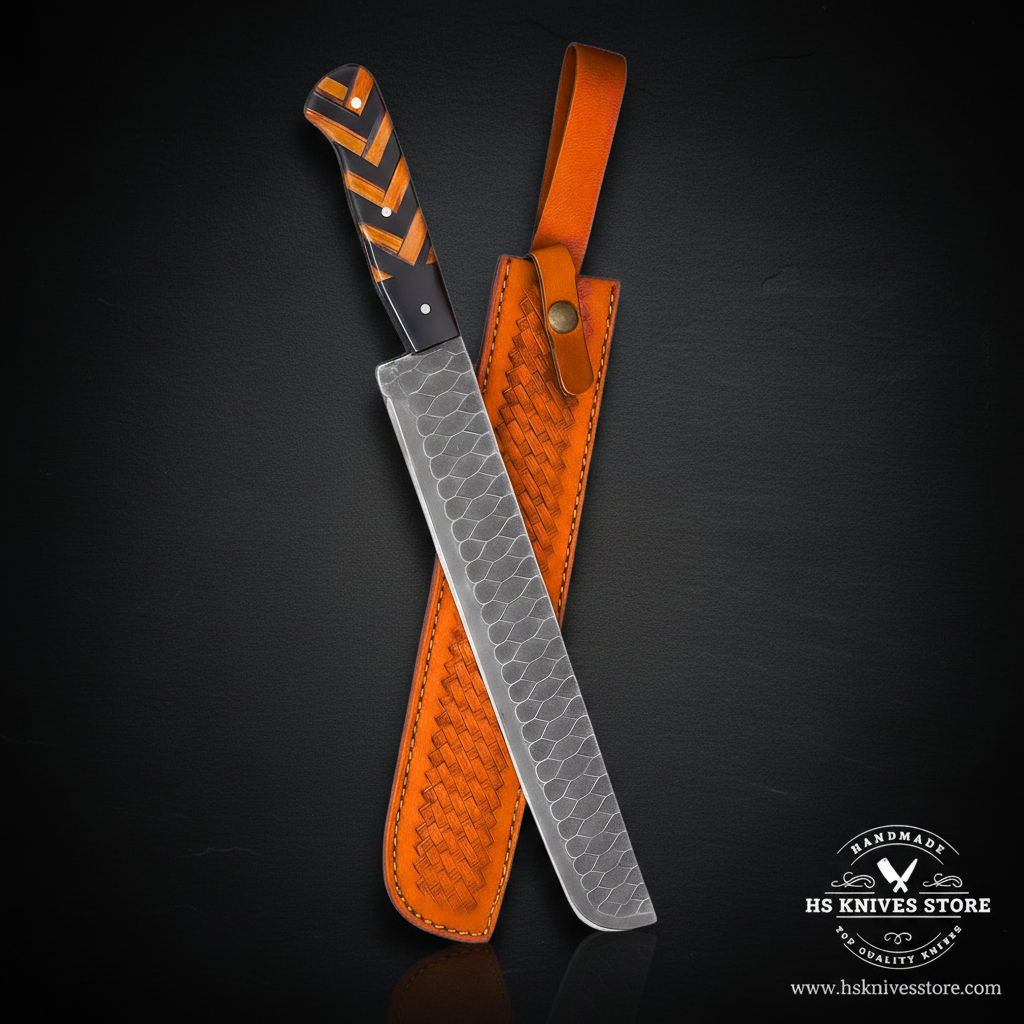 Long Damascus brisket slicing knife with chevron handle and leather sheath on charcoal background