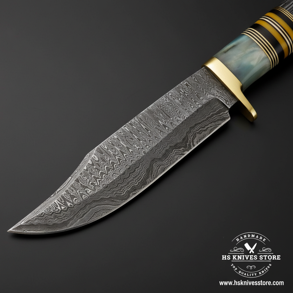 Close-up of Damascus steel Bowie knife blade showing layered wavy Damascus pattern and brass double crossguard