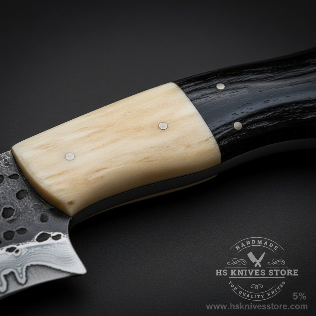 Macro view of two-tone bone and buffalo horn handle with silver pins on carbon steel hand-etched Bowie knife