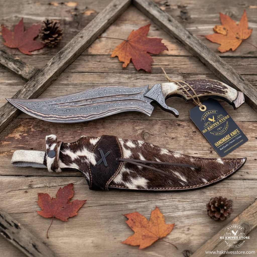 Damascus copper Bowie knife stag handle flat lay on dark rustic wood with HS Knives Store hang tag attached autumn leaves pine cones