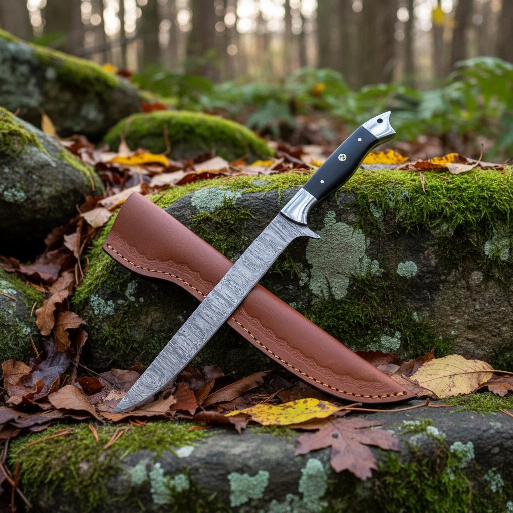 Damascus fillet knife with black micarta handle resting on mossy rocks in outdoor forest setting