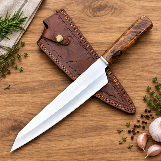 Front view of D2 steel chef knife with figured wood handle and brown leather sheath on a walnut kitchen counter