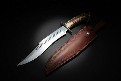 D2 steel Bowie knife antler handle black background product photo