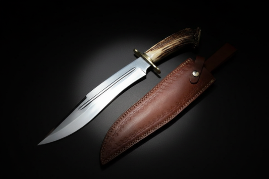 D2 steel Bowie knife antler handle black background product photo