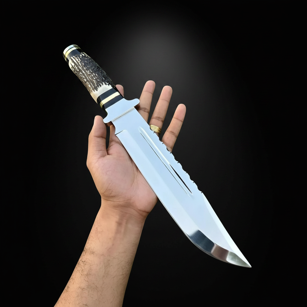 Handmade D2 steel Bowie knife with mirror polished blade and stag antler handle on black studio background right facing mirror