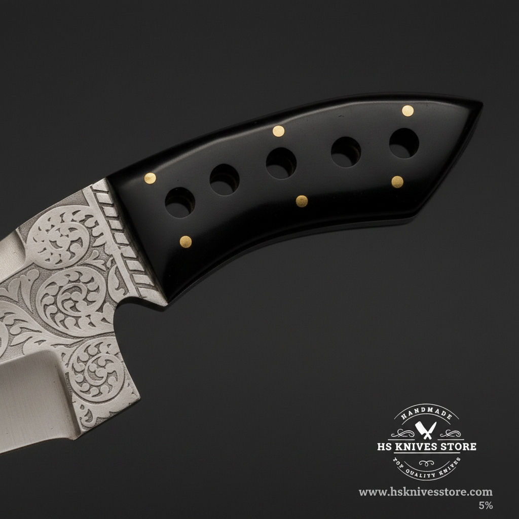 Macro view of black resin handle with 5 brass pins and 5 circular cutout holes on J2 steel skinner knife