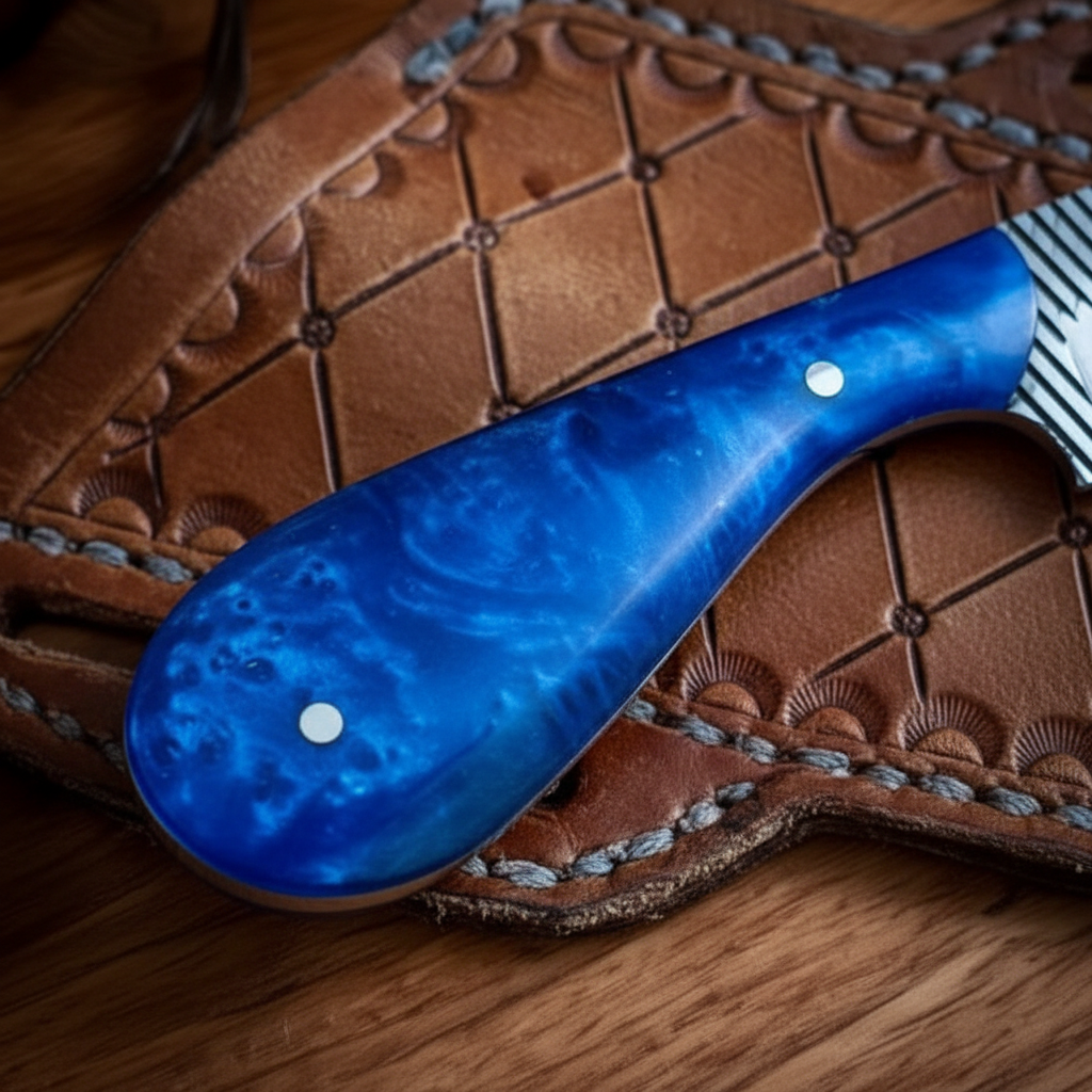 Macro detail of the durable blue epoxy resin handle on a Mastercraft Custom Bull Cutter Knife