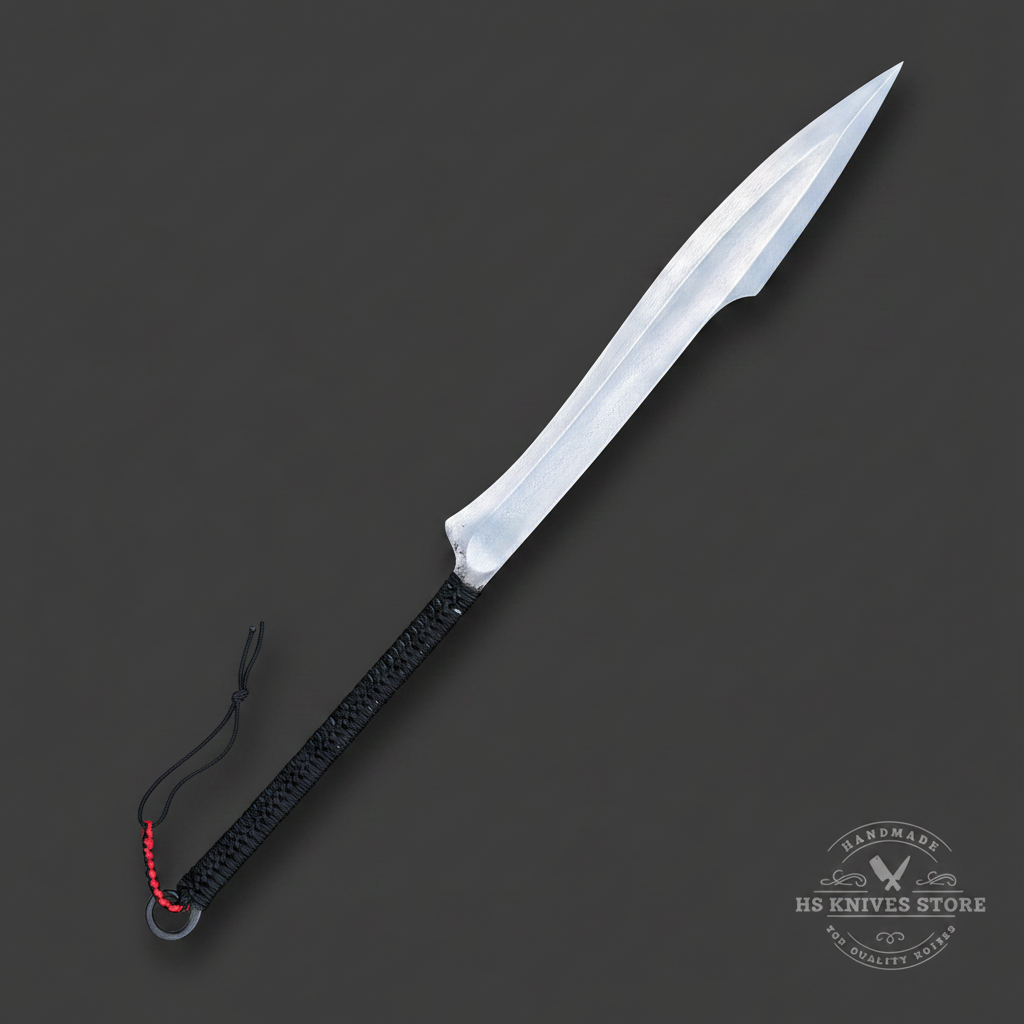 Single curved high carbon Naginata style sword with black paracord handle on charcoal studio background
