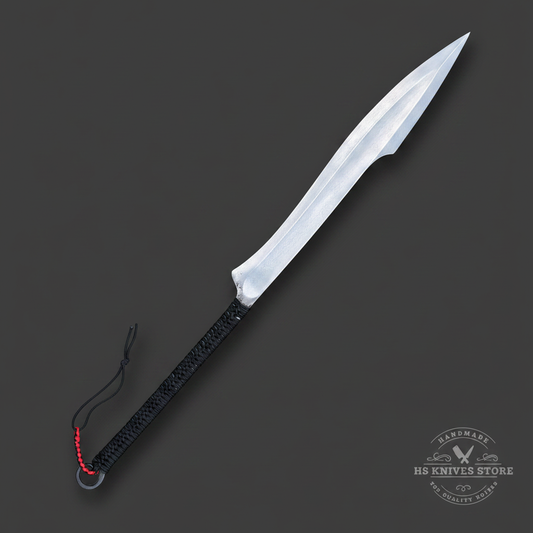 Single curved high carbon Naginata style sword with black paracord handle on charcoal studio background