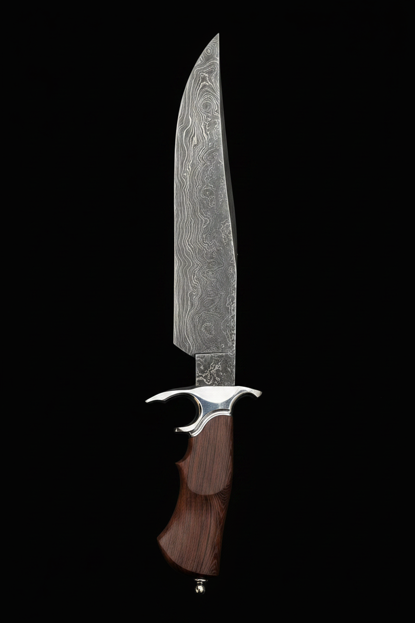 Handmade Damascus Bowie knife with wavy Damascus blade crescent guard and rosewood handle on black background dramatic studio lighting