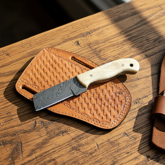 Damascus steel cowboy bull cutter knife on a Western ranch workbench