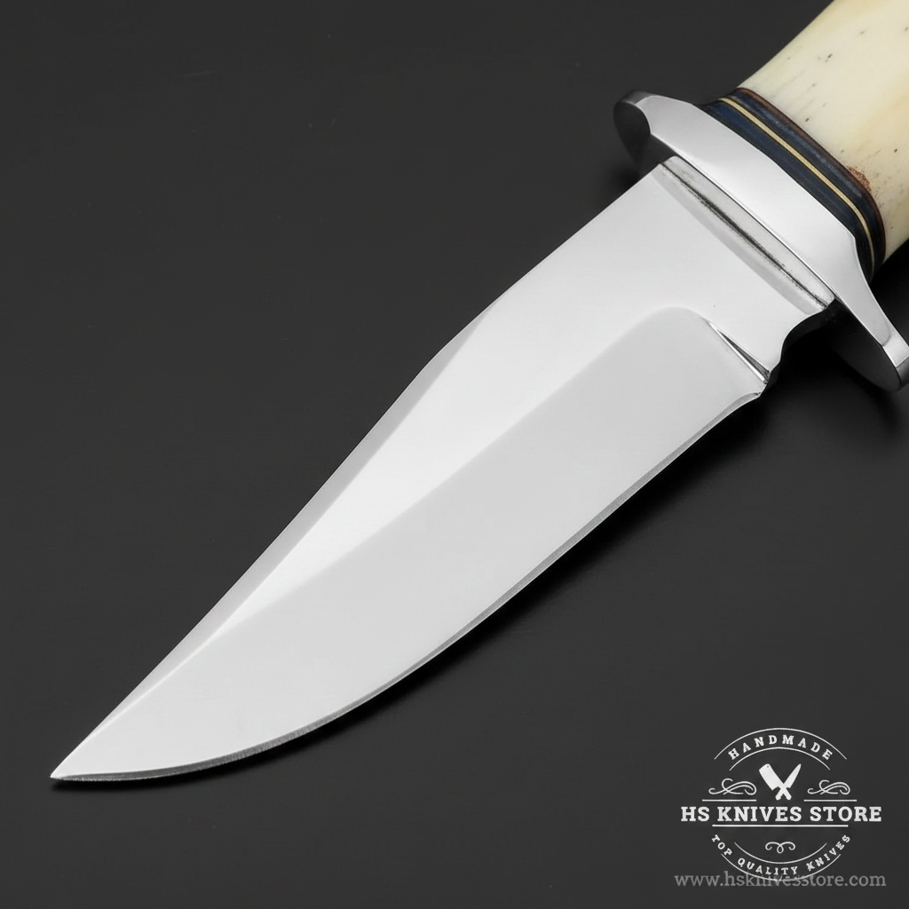 Close-up macro of J2 steel hunting knife blade showing mirror polished finish and drop point profile and sharp cutting edge