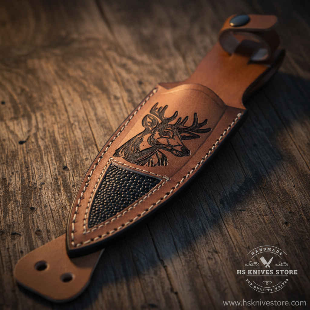 Close-up macro of tan leather sheath with hand-tooled deer head carving and black stingray accent panel detail