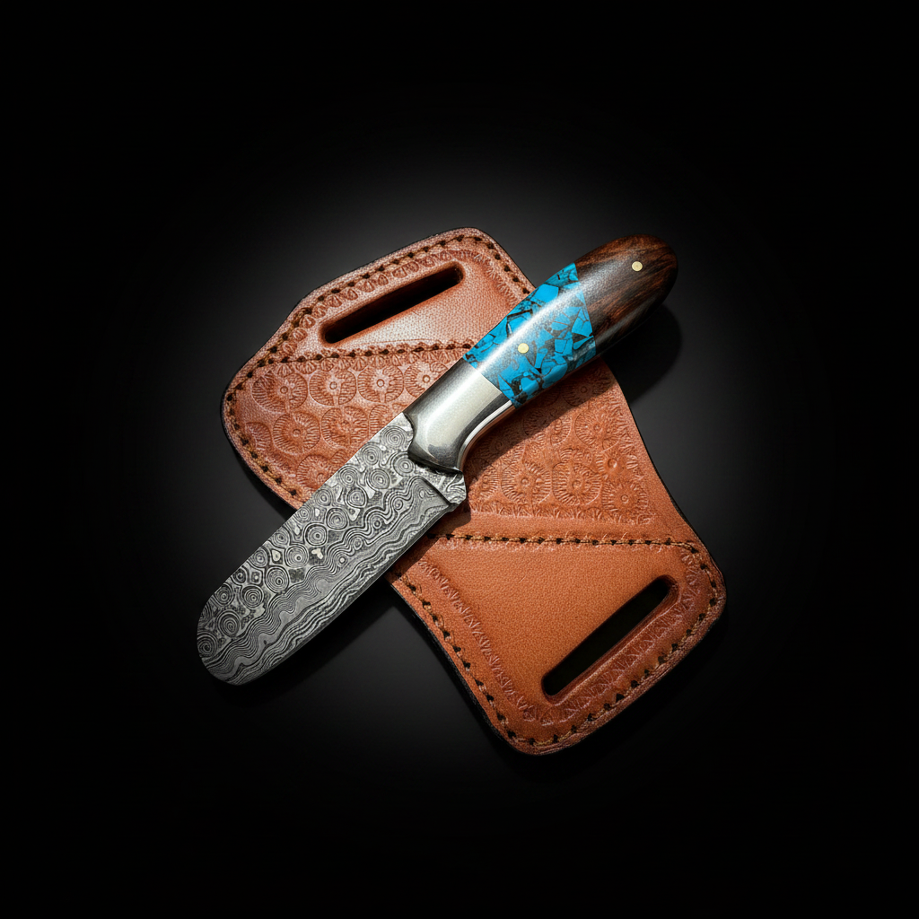 handmade-damascus-bull-cutter-knife-turquoise-walnut-black-background-studio