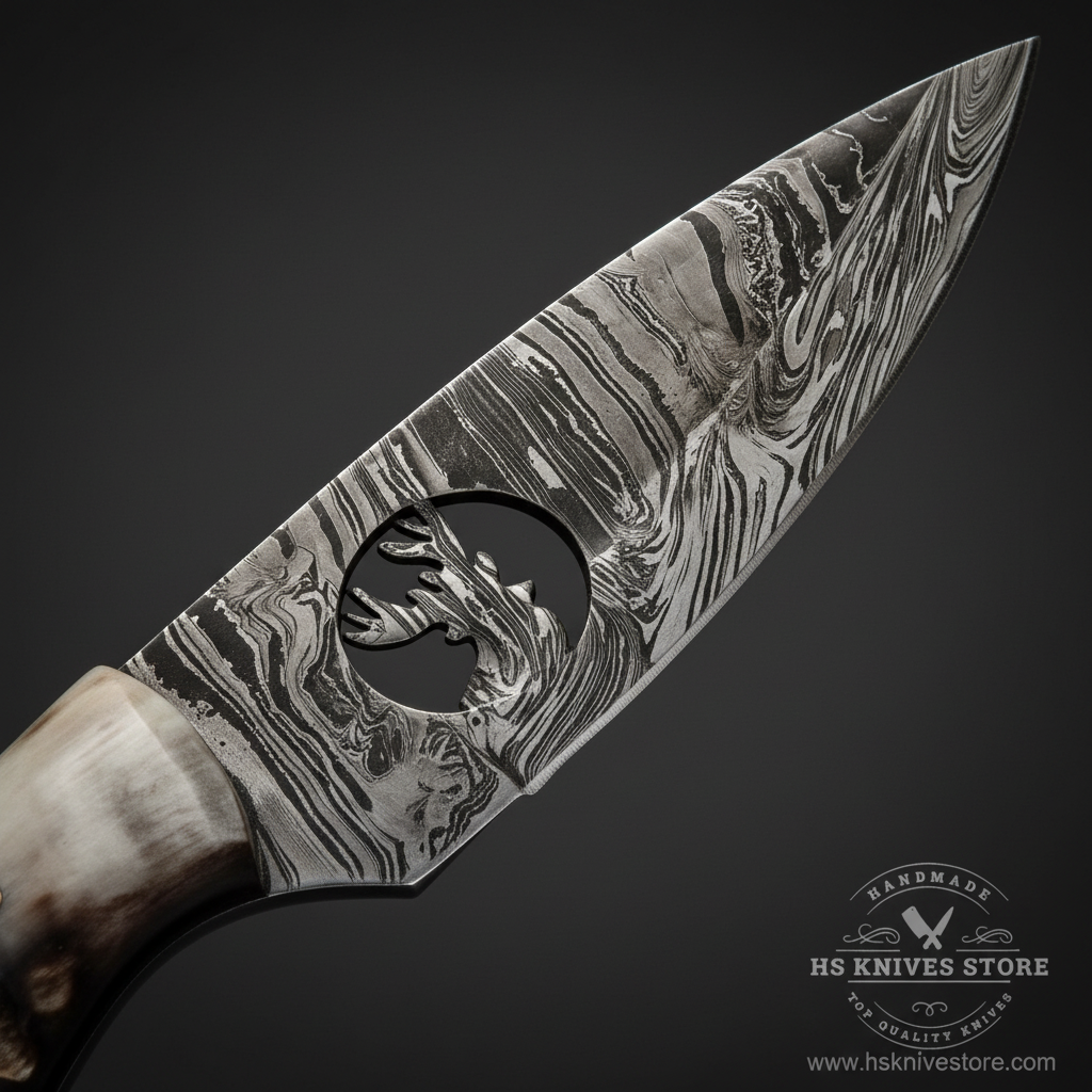 Close-up macro of Damascus steel skinner blade showing bold swirling Damascus pattern and circular thumb hole cutout near spine