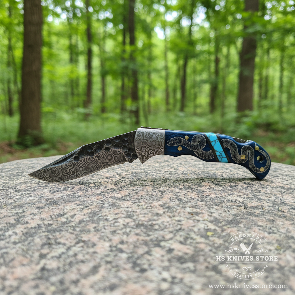Damascus steel folding pocket knife open blade resting on granite rock in bright outdoor forest setting clear Damascus pattern visible