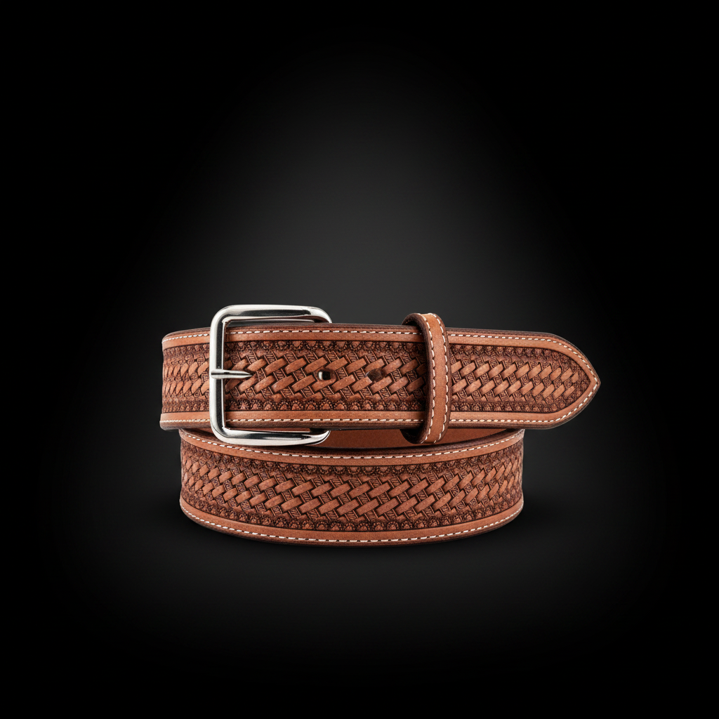 Hand-tooled tan leather western belt basket weave silver buckle coiled black background studio shot