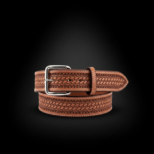 Hand-tooled tan leather western belt basket weave silver buckle coiled black background studio shot