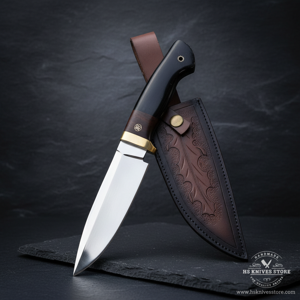 Vertical luxury shot of D2 steel hunting knife black G10 handle on dark slate background with dark brown floral embossed leather sheath