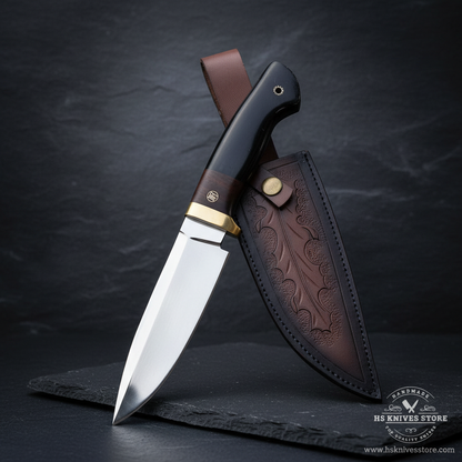 Vertical luxury shot of D2 steel hunting knife black G10 handle on dark slate background with dark brown floral embossed leather sheath