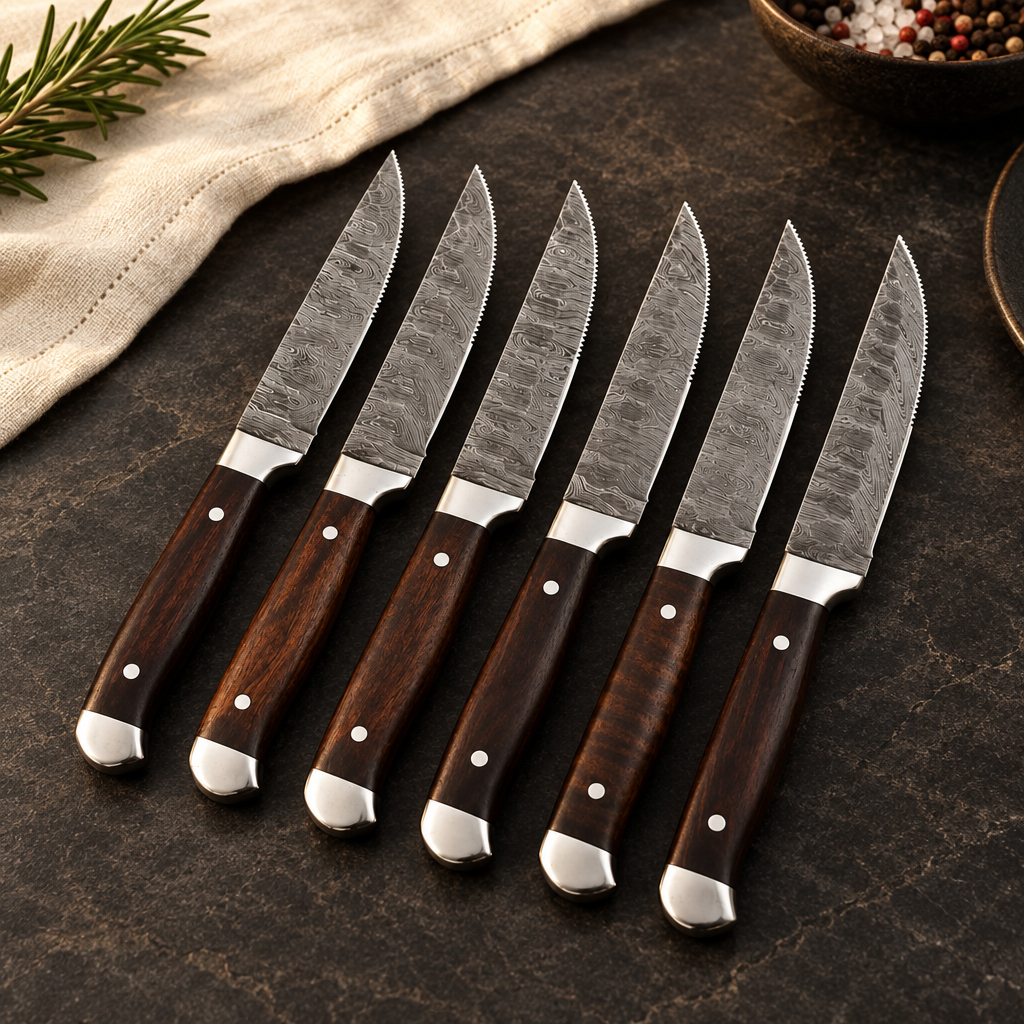 Right three-quarter view of six wood-handled Damascus steak knives on a dark dining surface