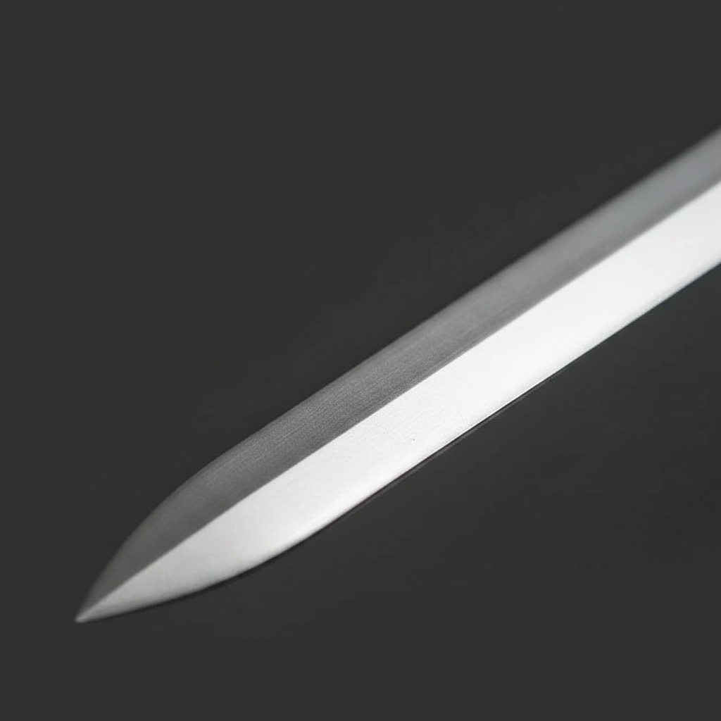 Fantasy sword blade tip macro showing sharp double edges and polished silver finish close-up