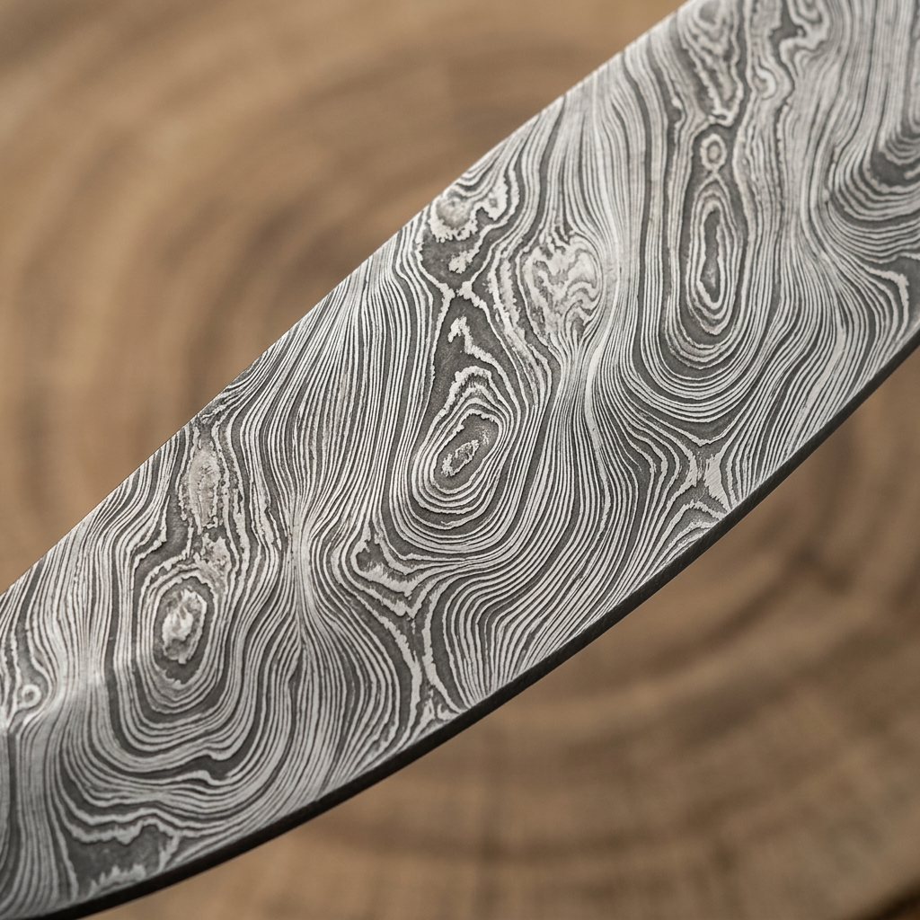 Macro detail of flowing Damascus blade patterns