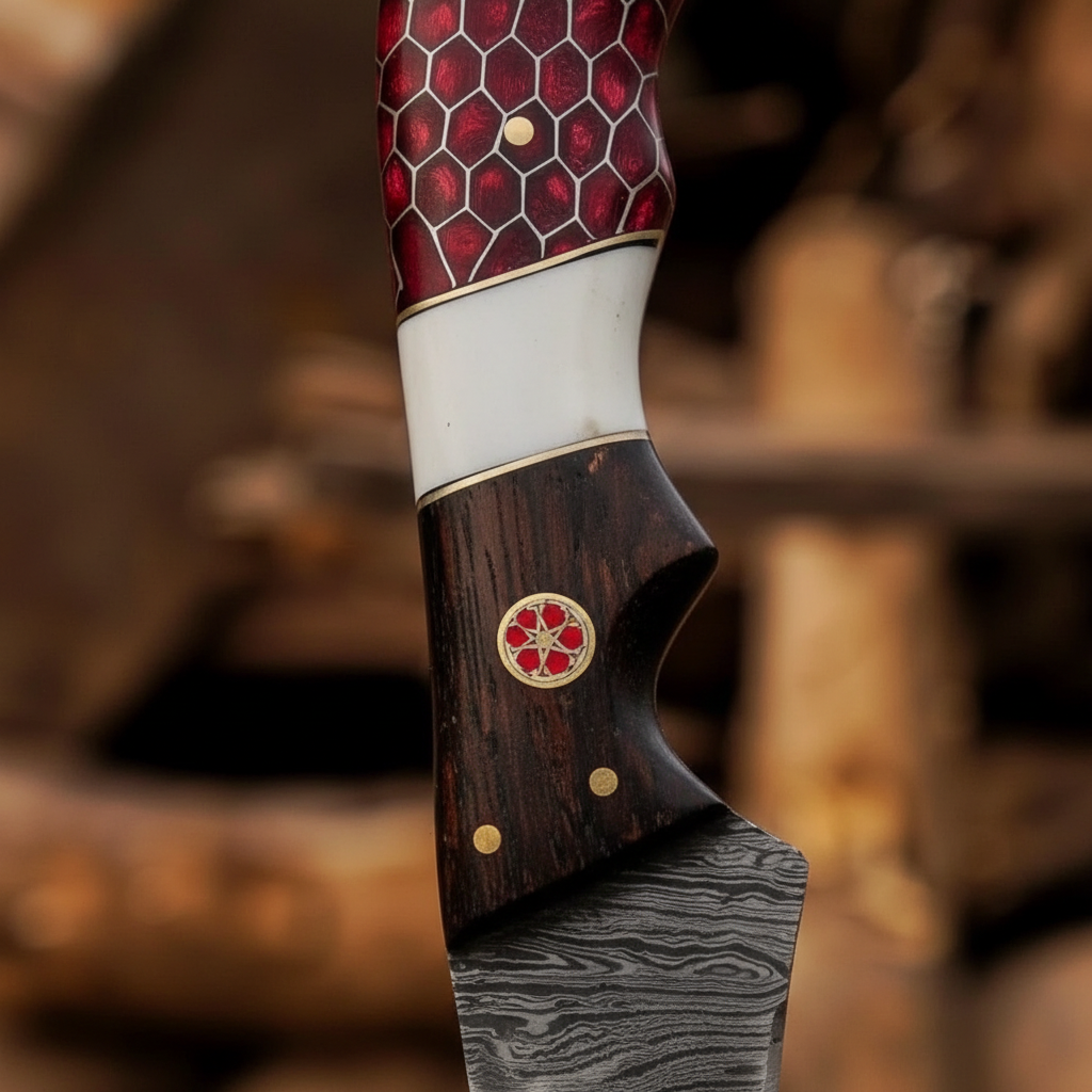 Extreme close up macro shot of red honeycomb G10 handle and black wood bolster with red mosaic pin on Damascus fillet knife