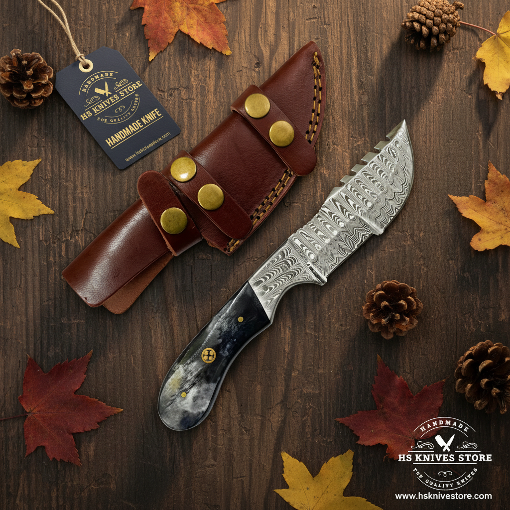 Damascus gut hook knife flat lay with bone handle and HS Knives Store hang tag on rustic wood with autumn leaves