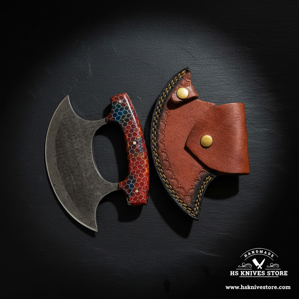 Damascus steel ulu knife displayed vertically on dark slate with honeycomb resin handle and crescent leather sheath luxury shot