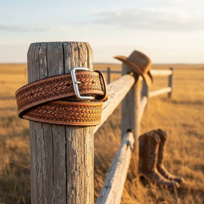 Hand-tooled tan leather western belt coiled ranch fence post cowboy hat boots golden hour