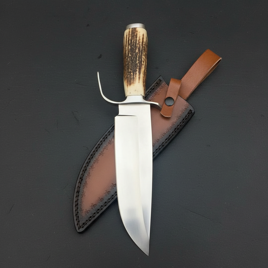 Handmade D2 Bowie knife vertical dark slate background luxury product shot