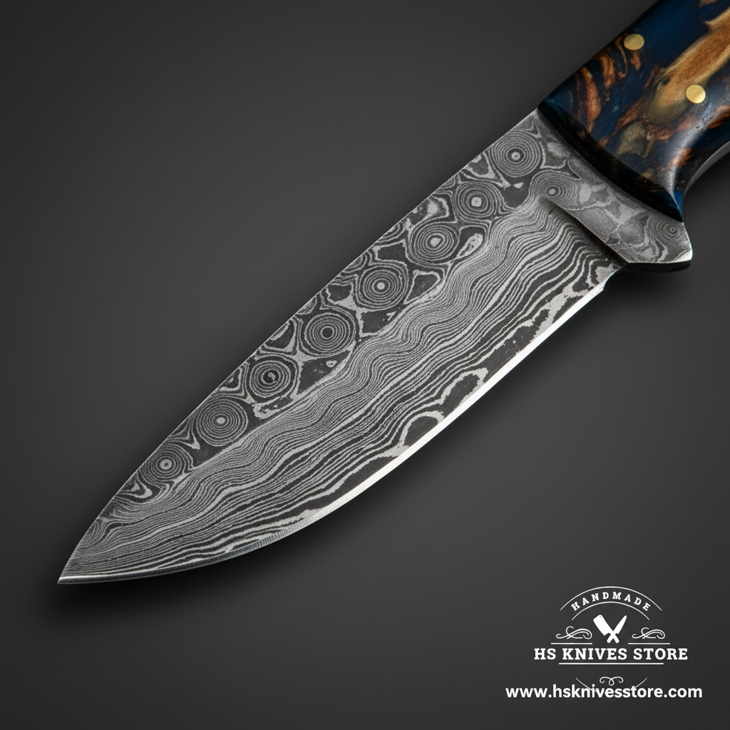 Close-up of Damascus steel skinner knife blade showing unique circular eye-shaped Damascus pattern and polished cutting edge macro detail