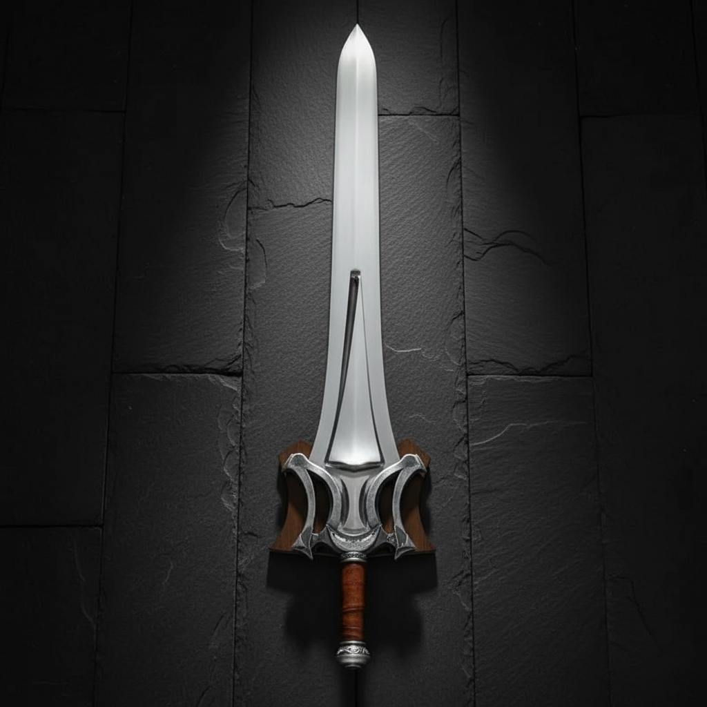Vertical luxury shot of fantasy medieval broad sword on dark slate background blade pointing up