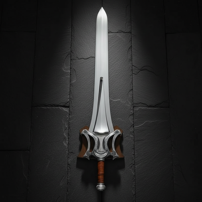 Vertical luxury shot of fantasy medieval broad sword on dark slate background blade pointing up