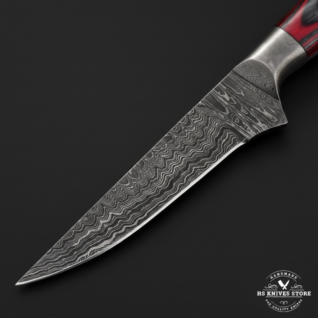 Close-up macro of Damascus steel skinning knife blade showing wavy flowing Damascus pattern and polished cutting edge and steel bolster