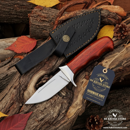 J2 steel skinner knife flat lay with rosewood handle and HS Knives Store hang tag on rustic wood with autumn leaves