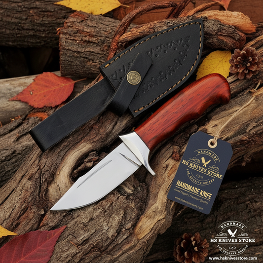 J2 steel skinner knife flat lay with rosewood handle and HS Knives Store hang tag on rustic wood with autumn leaves