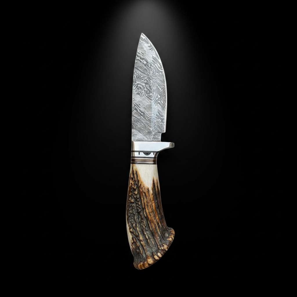 Damascus skinner knife antler crown handle black background no sheath