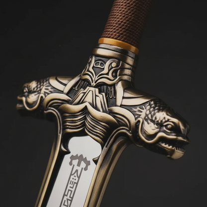 Close-up macro of ornate dragon head guard with warrior face carving and gold collar ring on barbarian sword