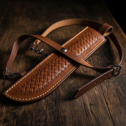 Brown leather Bowie knife sheath with embossed basket weave pattern and shoulder carry straps with metal hardware detail