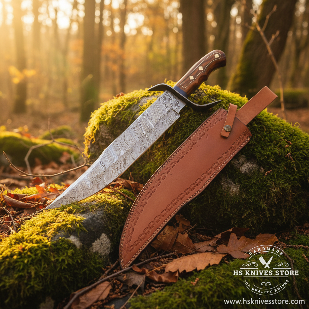 Damascus steel Bowie knife rosewood handle resting on mossy rocks in outdoor forest setting with tan leather sheath golden sunlight