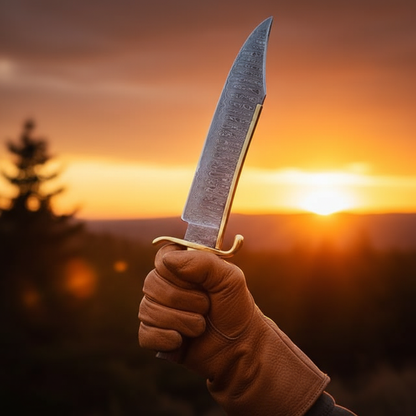 Gloved hands gripping Damascus steel Bowie knife with rosewood handle raised at chest level outdoors golden hour sunset background