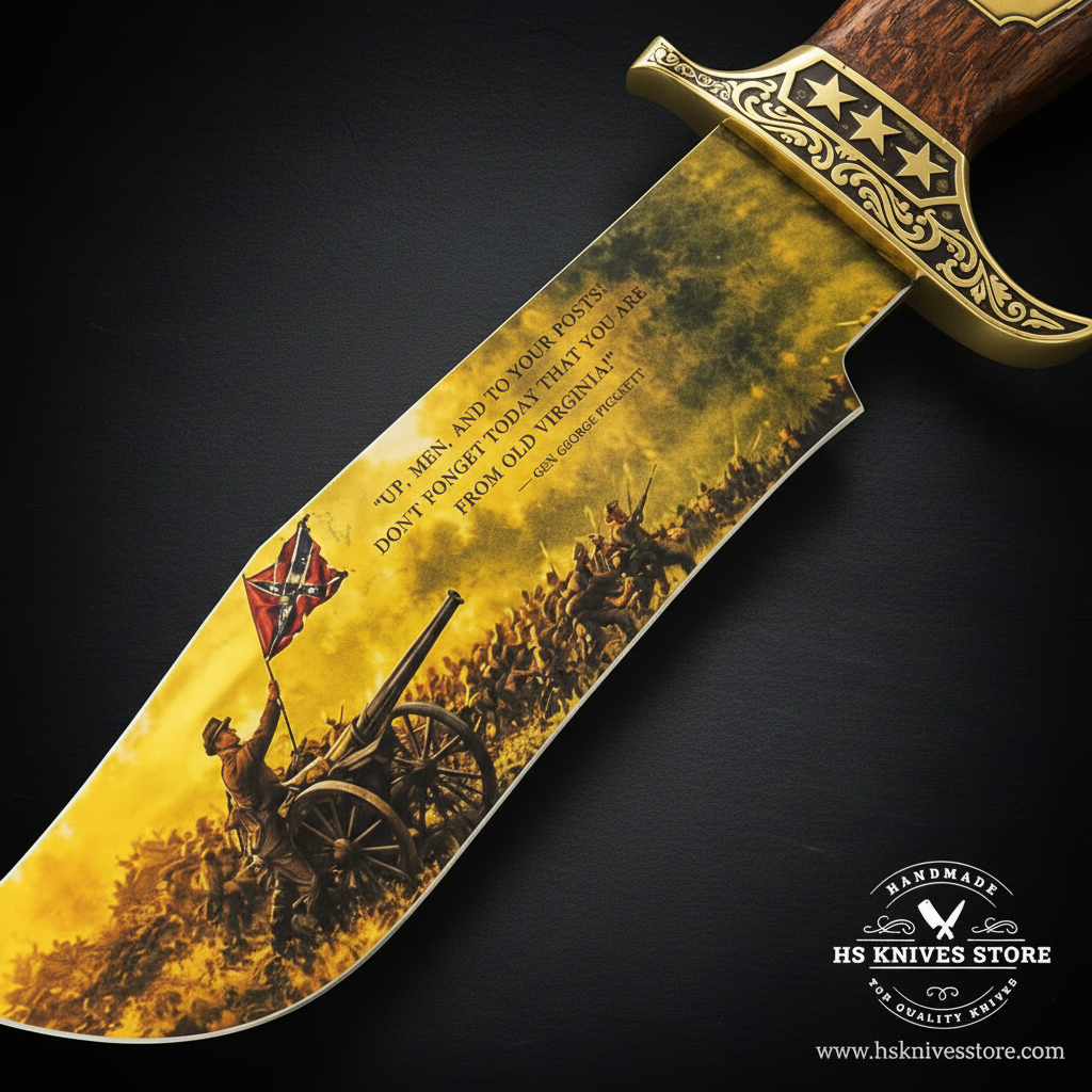 Close-up of the Lightning Strike Bowie knife historical artwork blade and three-star guard