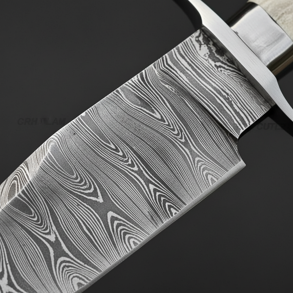 Flowing Damascus steel blade pattern macro close-up on Bowie knife clip point blade