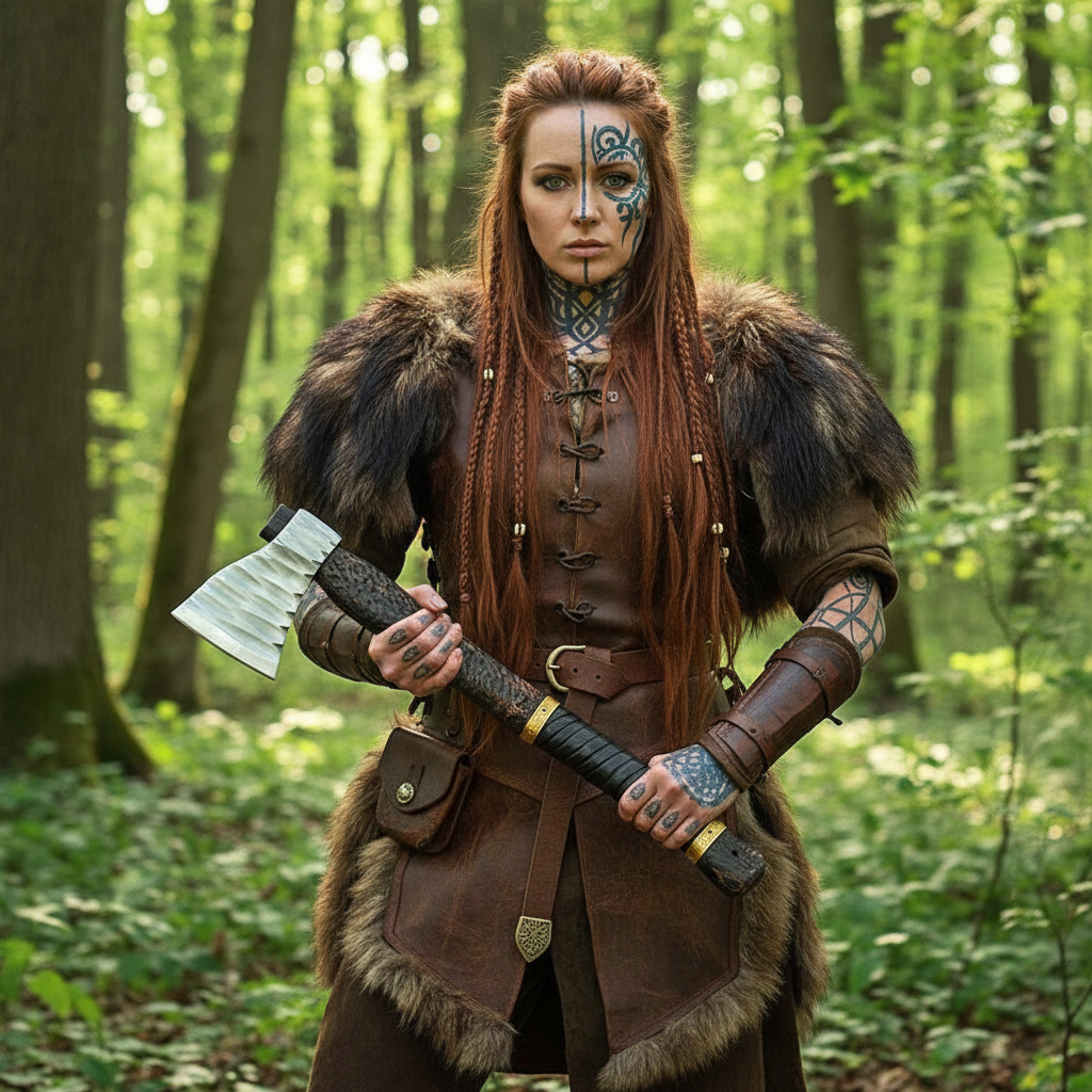 Viking warrior woman with tribal tattoos holding handmade axe outdoor forest lifestyle shot